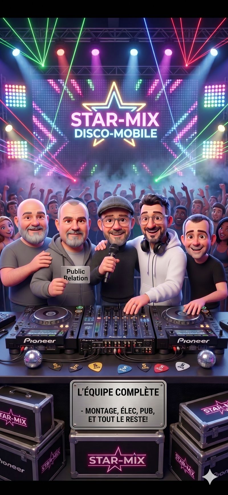 L'&eacute;quipe compl&egrave;te STAR-MIX Disco-Mobile — les 5 copains de Bure